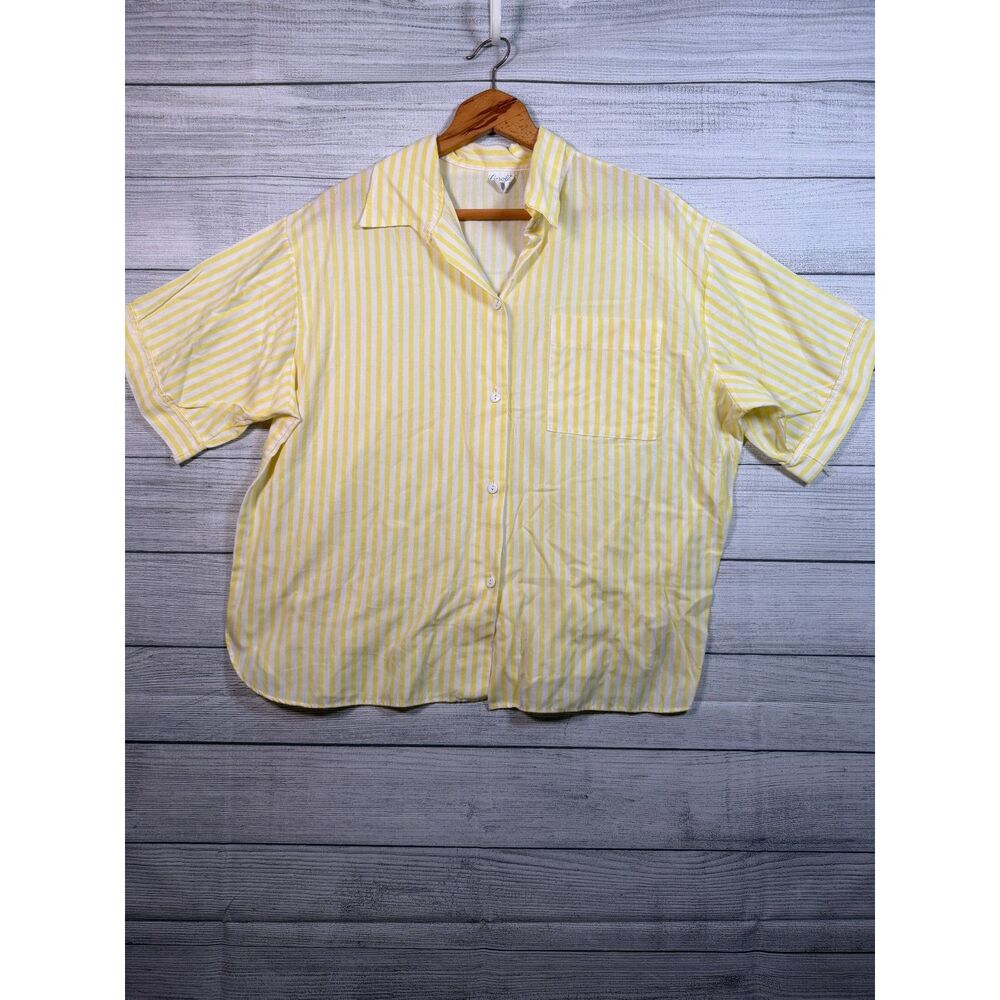 Vintage Carole Women's 1X Yellow White Striped Button Front Blouse USA 4332